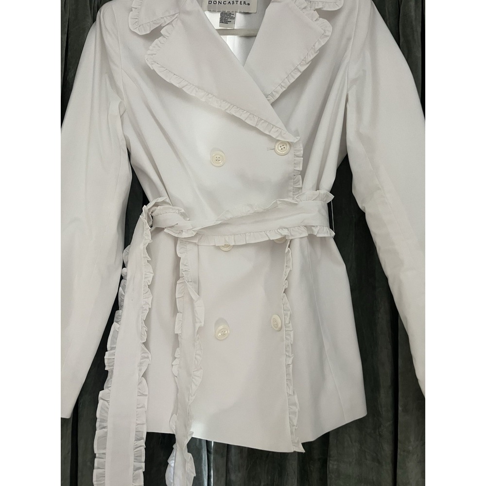 Vtg Doncaster White Trench Blazer Ruffle Sz 12 Double Breast Button Belt Cotton - Picture 6 of 10